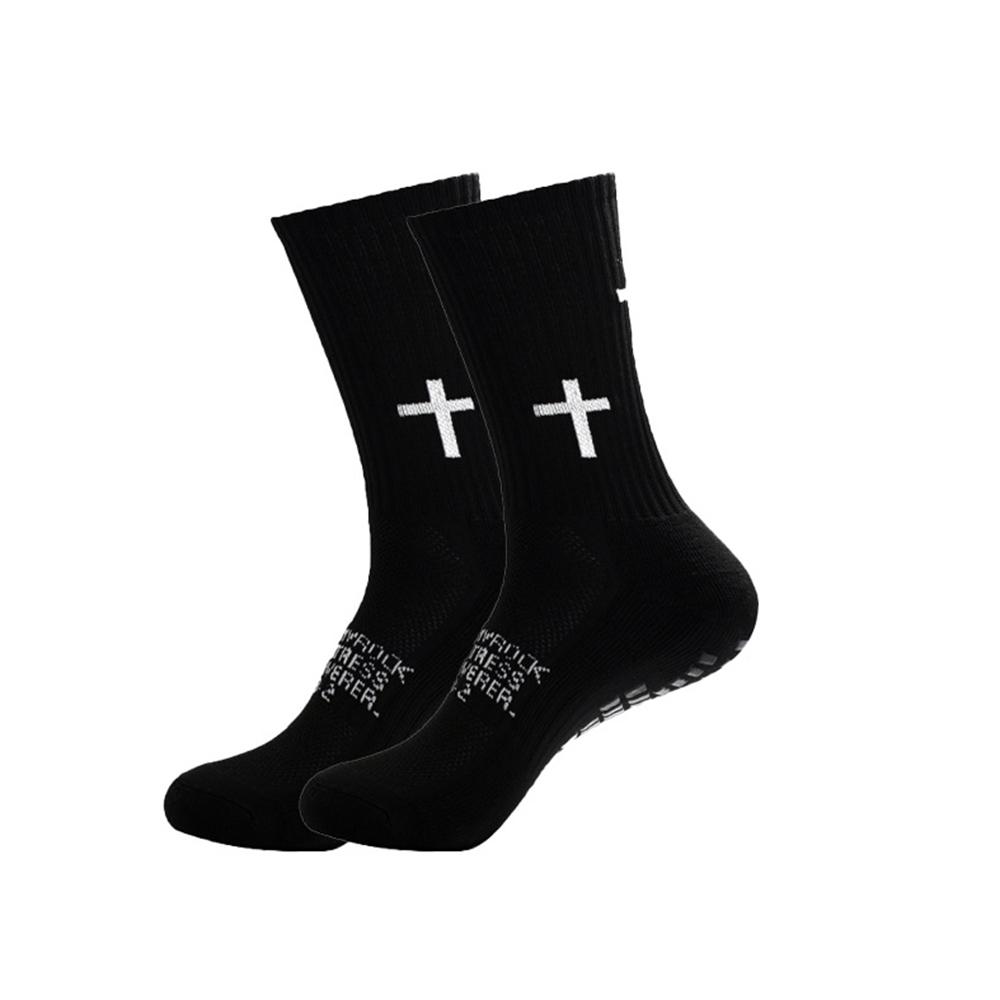 

Cross Printed Sports Socks Black Comfortable Casual Non Slip Football Socks Professional Training Middle Tube Glue Anti Slip One Size