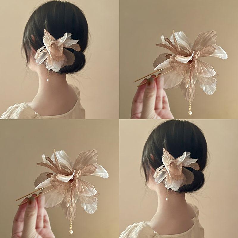 Atmosphere Floral Tassel Sweet Hairpin At The Back of The Head Fabric Pearl Hairpin Hair Accessory Luxury Exquisite Hairpin New