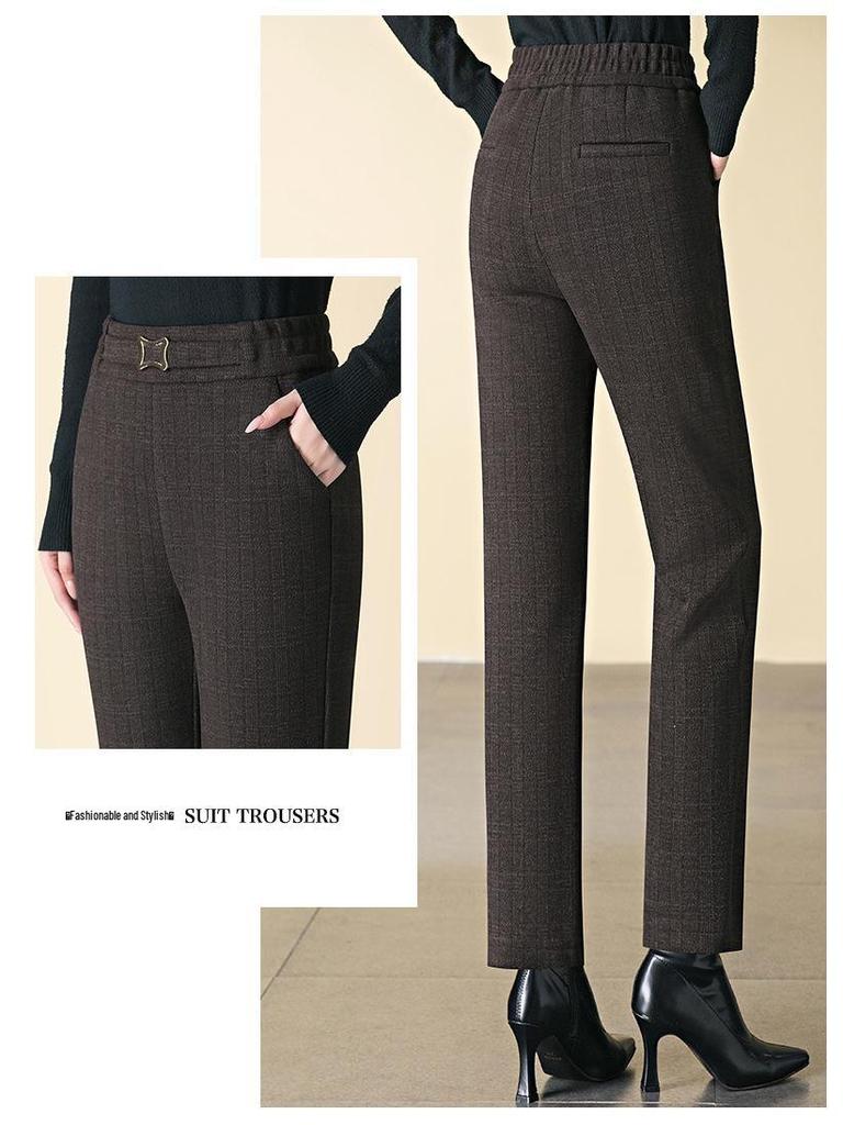 Women's High-Waisted Plaid Acetate Wool Pants - Plus Velvet, Thickened for Warmth, Autumn/Winter Style, Ideal for Middle-Aged Moms