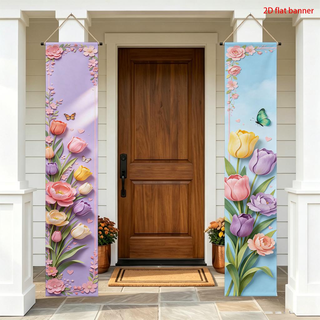 2D Flat, 2pcs Spring Garden Floral Hanging Banner with Yellow/Purple/White Tulips, Cascading Flowers & Butterflies - Suitable for Easter, Mother's Day