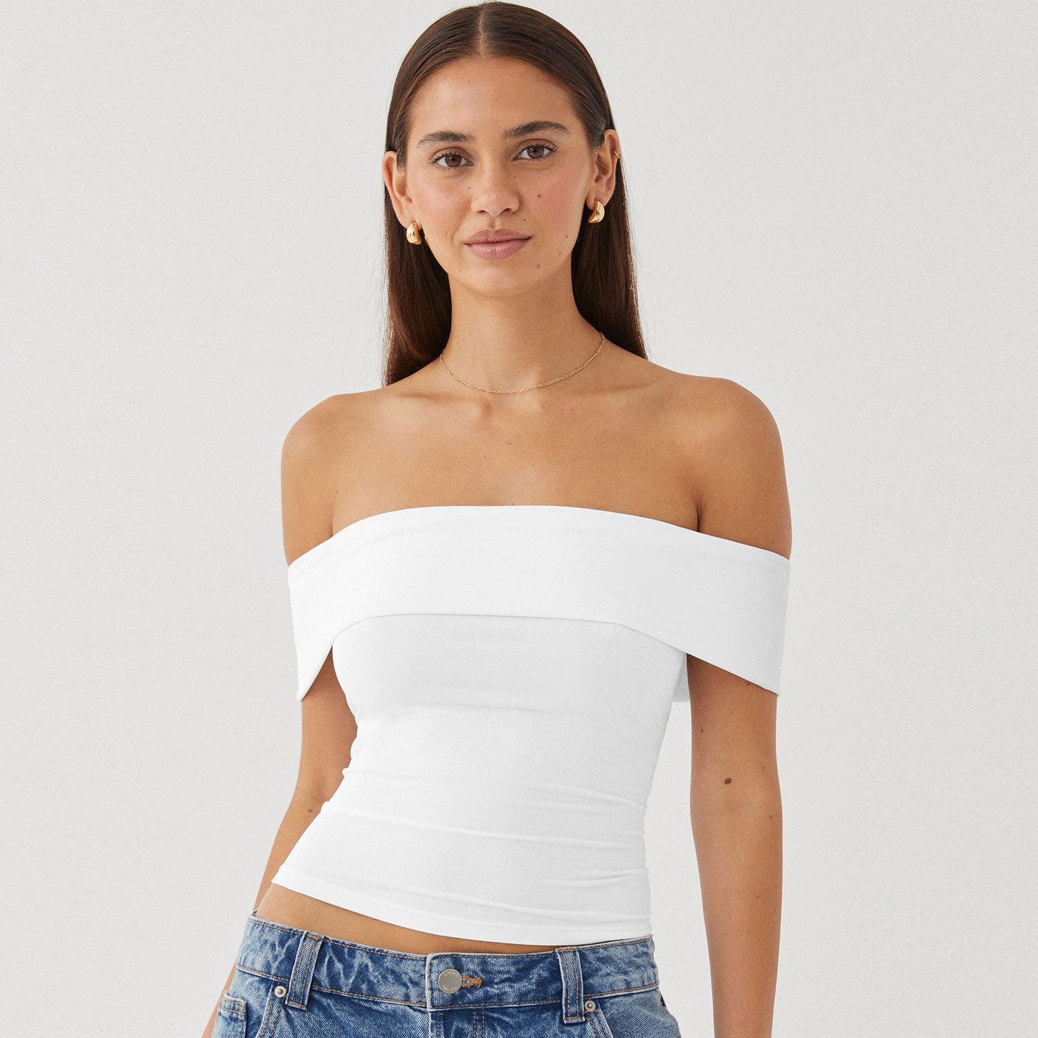 Women s Clothing 2026 Summer New Fashion Strapless Off-Shoulder Sexy Pure Desire Solid Color T-Shirt S белый