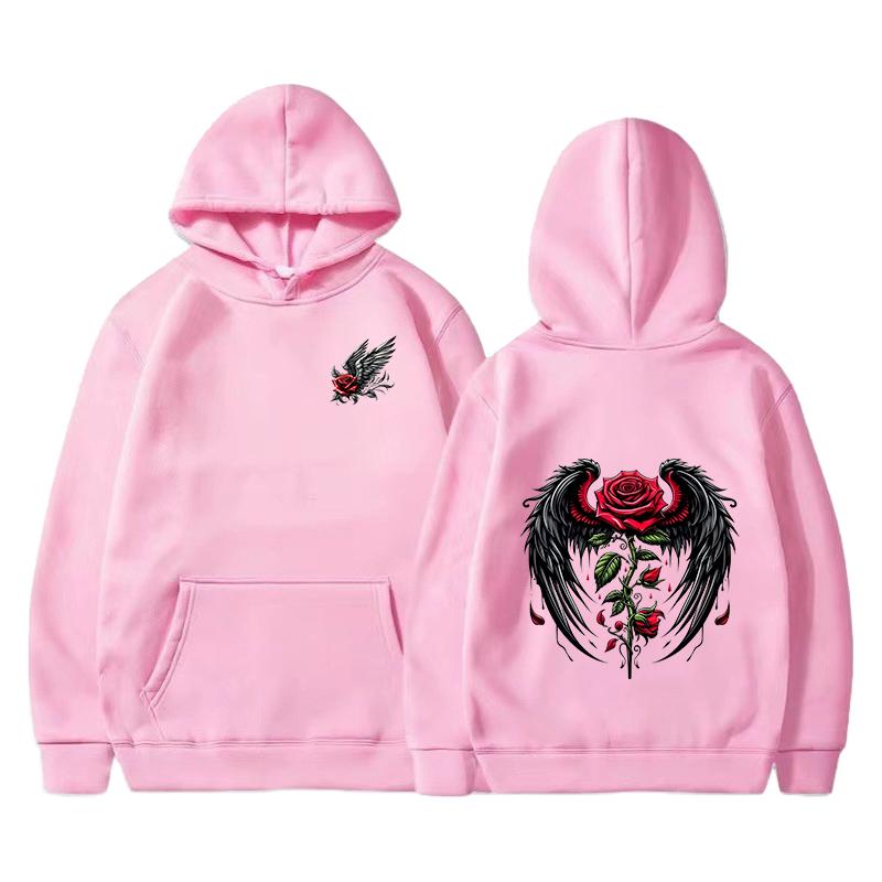 Rose wing pattern printed hoodie fashion trend brand autumn and winter loose hoodie Y2K hip-hop street wear men's and women's pu