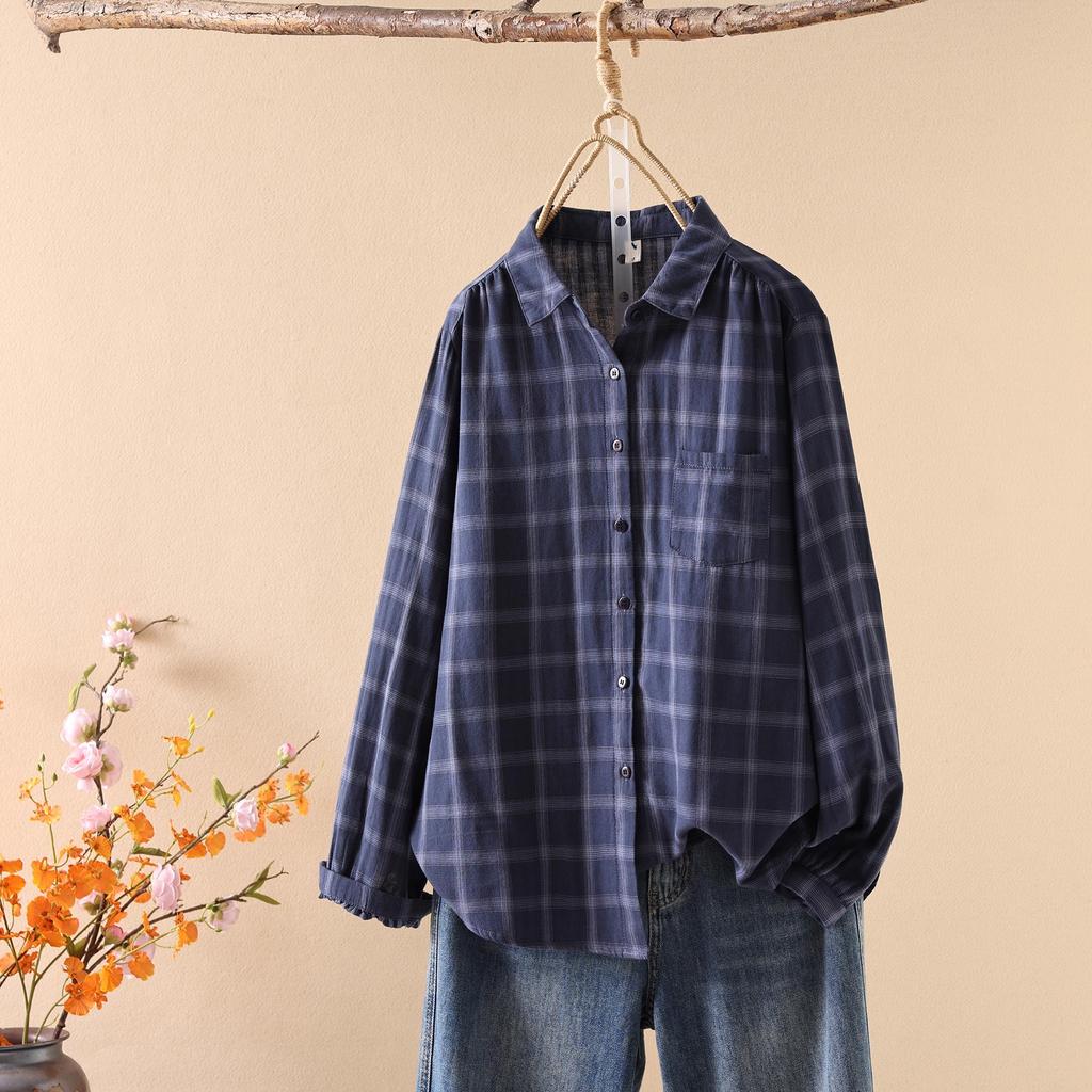 Women's Long Sleeve Japanese Style Plaid Shirt - Double-layer, Skin-friendly, Breathable Pure Cotton