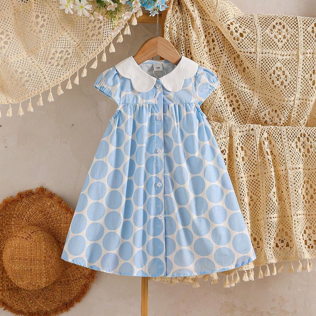 2-8Y Toddler Girls 100% Cotton Yellow Polka Dot Dress Peter Pan Collar Summer Casual Sundress
