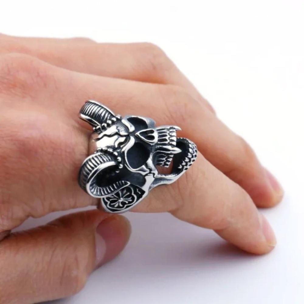 Trendy Retro European and American Fashion Devil Satan Skull Ring Cool Punk Adjustable Street Party Niche Men's Zircon