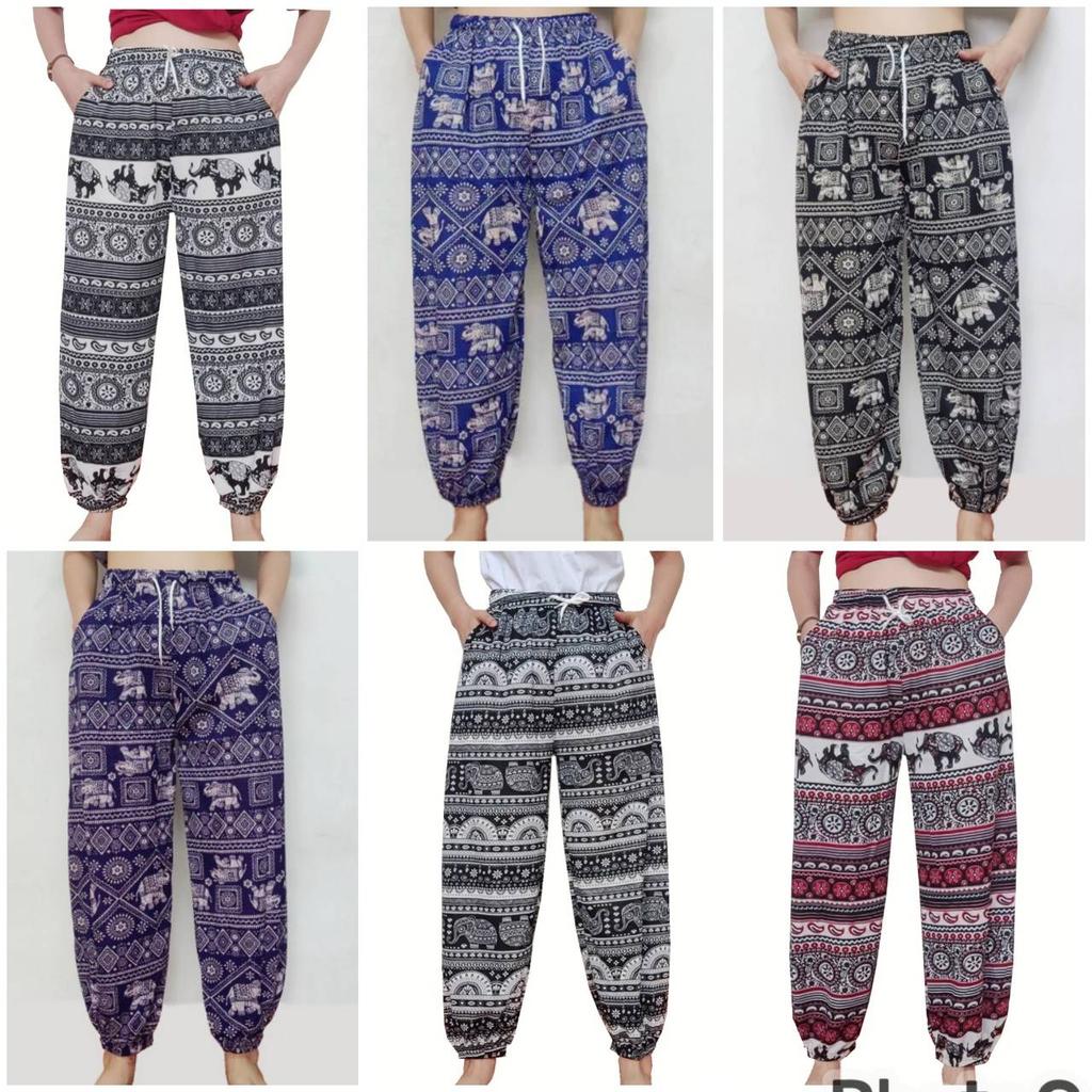 Elephant Jump Pants Pocket Adjustable Elastic High Waistband Strap Unisex Man Women Print Thailand Casual Streetwear Beach Bohemian Retro Vintage