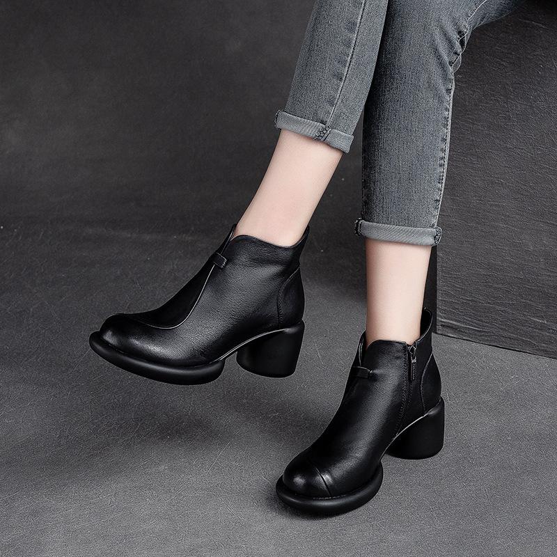 Fashion GKTINOO Genuine Leather Ankle Boots Women Shoes 2025 New Autumn Winter Round Toe Square Heel Zip Handmade Leisure Women Boots