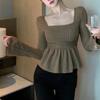 Square Collar Waist Cinched Flared Sleeve Top Short Design with Knitted Base Underneath