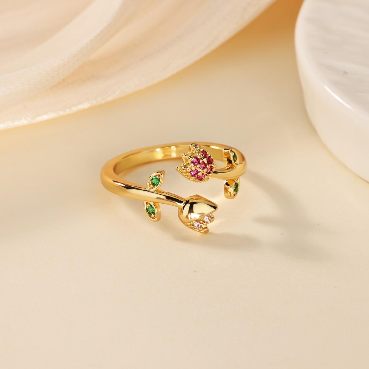 

Romantic Colorful Tulip Flower CZ Stainless Steel Women s Ring 18K Gold-plated Anti Fading Rings Wedding Jewelry New Accessories Adjustable