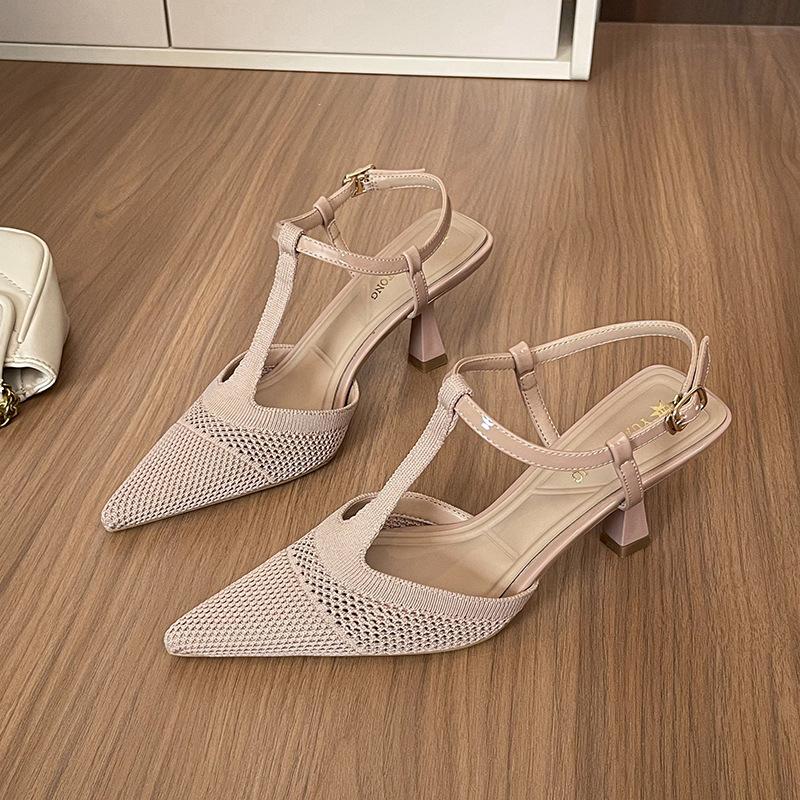 High heels women's stiletto high-end French pointed mesh sandals T-band middle heel fairy style single shoes celebrity style