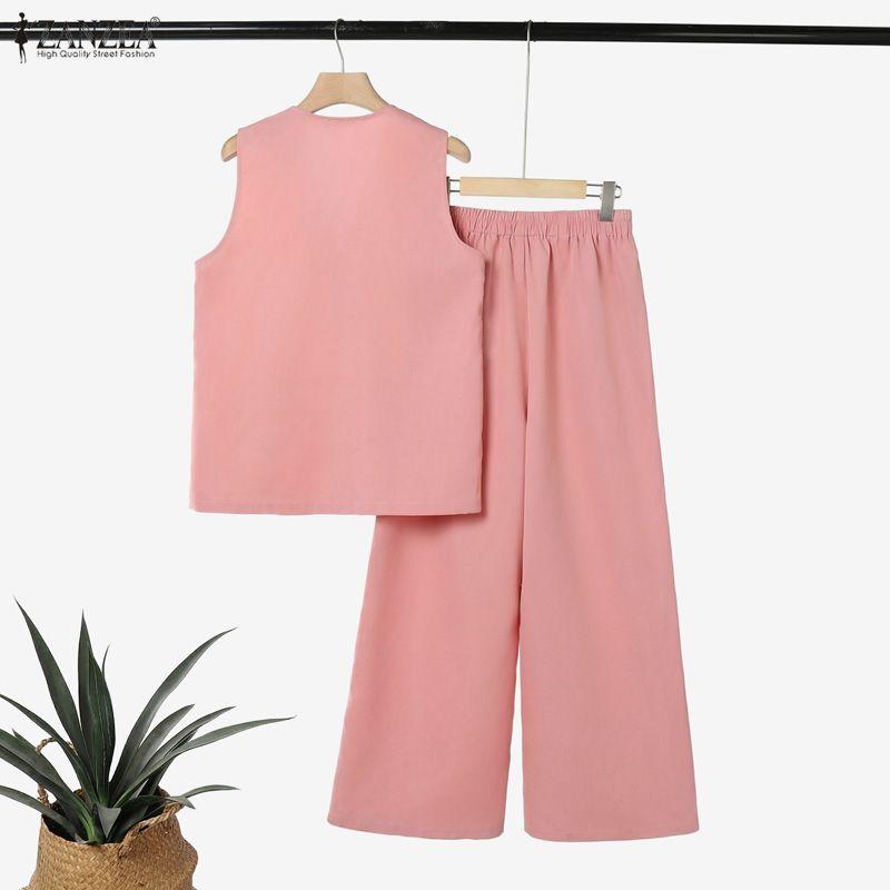 ZANZEA Women Sleeveless Vest Tops and Long Pants Casual Two Piece Suit Sets