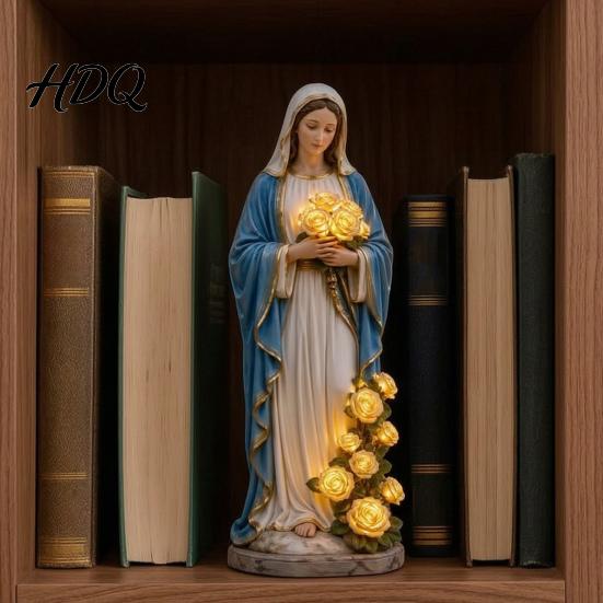 Decoración Religiosa para Exteriores Estatua de Luz de Jardín de la Santísima Madre con Flor Lámpara USB Adorno Resistente a la Intemperie Rosa Brillante Decorativa para Cristianos