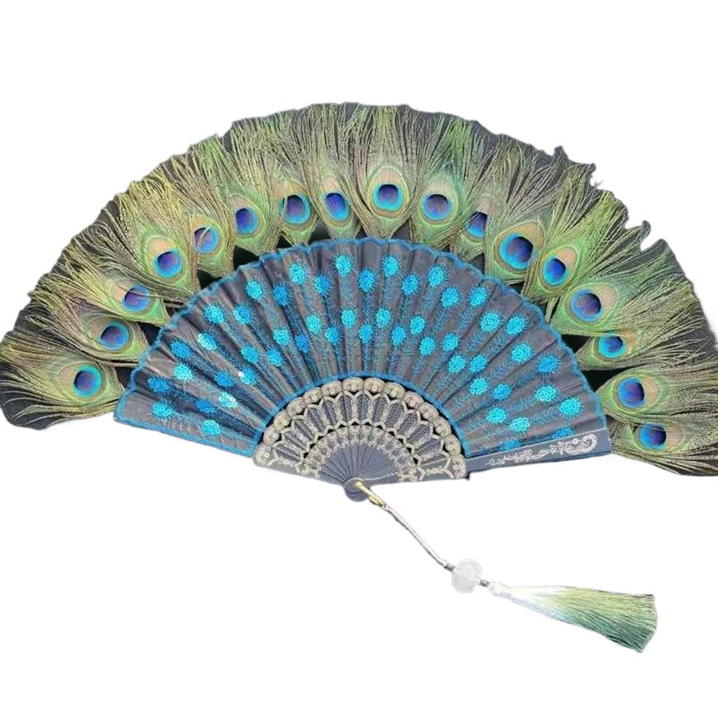 Abanico de Mano de Plumas de Pavo Real Vintage para Disfraz y Fiesta de Té con Diseño de Bordado Color Opcional