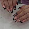 24pcs/Set Acrylic Press-On Nails, Heart Pattern, Black French, Rhinestone, Bowknot Design False Nails, French Manicure For Women And Girls