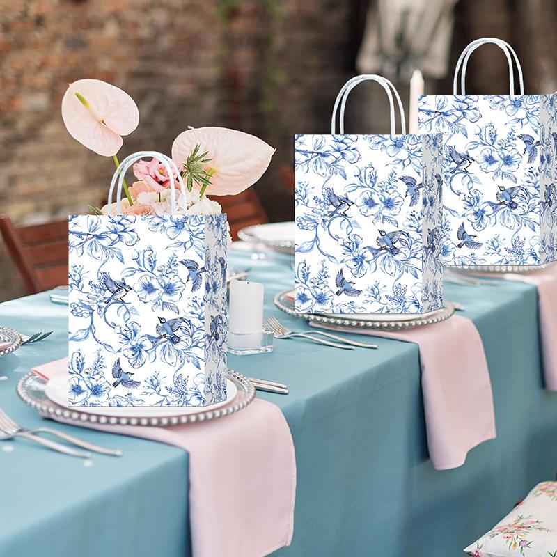 10pcs Paper Gift Bags Elegant Blue & White Parties Porcelain Floral Tote Bags Chinese