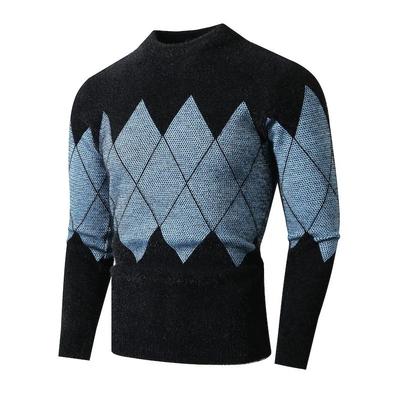 Winter Men's Fashion Patchwork Knit Pullovers Thick Casual Warm Round Neck Knitted Sweater