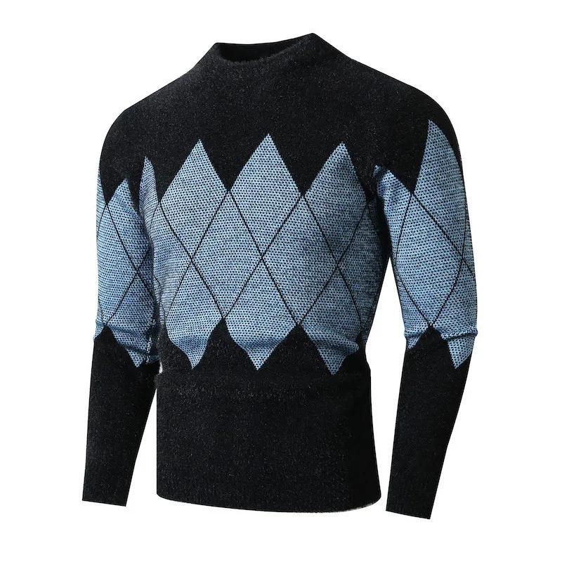 

Winter Men s Fashion Patchwork Knit Pullovers Thick Casual Warm Round Neck Knitted Sweater L синій