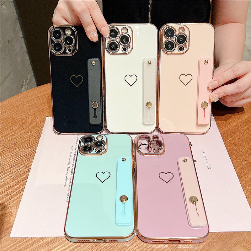 Wrist Strap Love Heart Phone Case For Iphone 13 11 12 14 Pro Max 13pro 11 14max Shockproof Bumper Soft Electroplated Back Cover