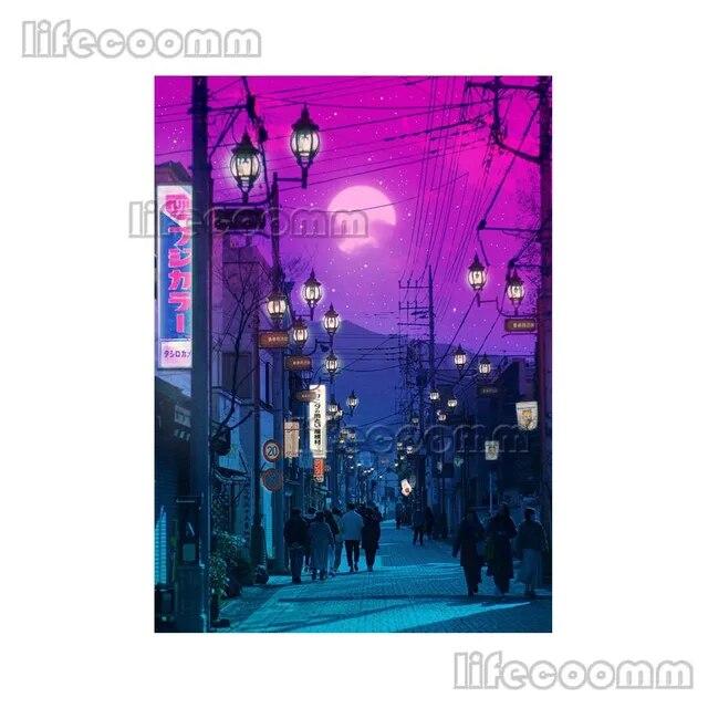 Anime City Neon Night 80s Vaporwave Japan City Street Poster Wall Art Canvas Painting Wall Pictures For Living Room Home Decor No Frame