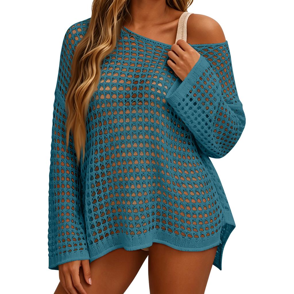 Women's Sunscreen Hollow Long Sleeve Backless Bikini Beach Dress Knit Sweater Cover-Up