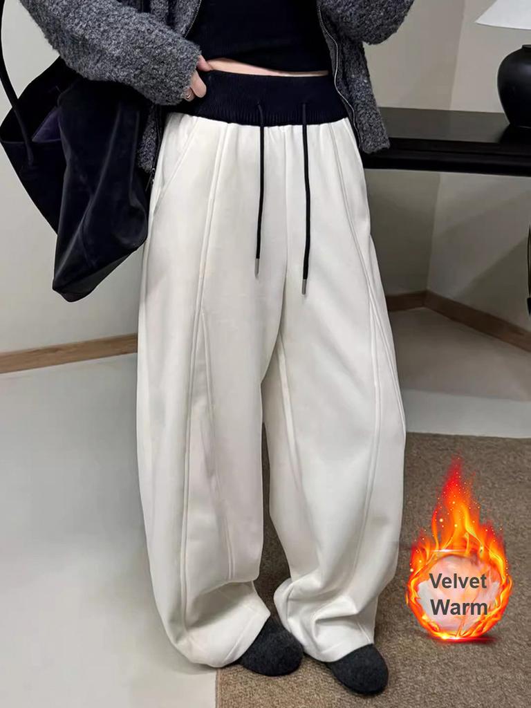 Autumn Winter New Style Fleece Thick High Waist Knife Leg Pants Women Wide Leg Casual Pants