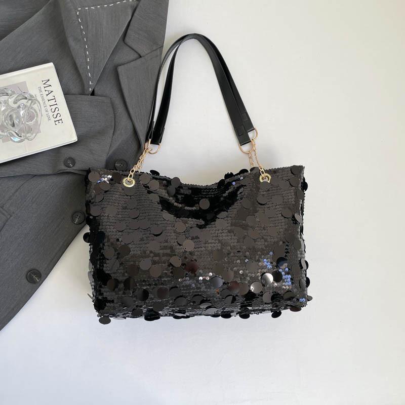 Versatile Shiny Sequin Shoulder Bags for Women Large Capacity Ladies Casual College Tote Bag Simple Solid Color Female Handbags