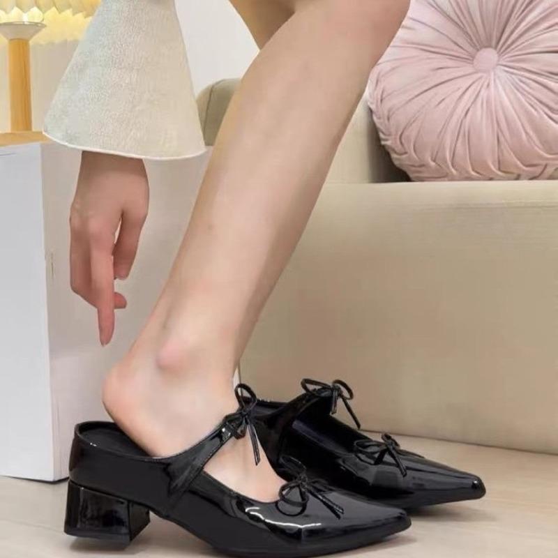 

Fashion Bow Inside Heightened Baotou Cool Drag Women s Pointed Toe Shallow Mouth One Strap Mary Jane Square Heel Slippers 39 чёрный