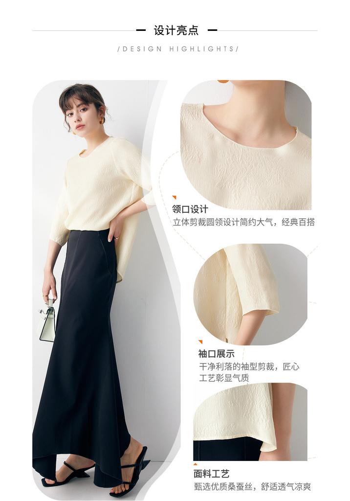 [3D Carving] Spring and Summer Round Neck Loose Slimming Solid Color Silk Flower Luo Guan Le Crepe Short Sleeved T-shirt for Women