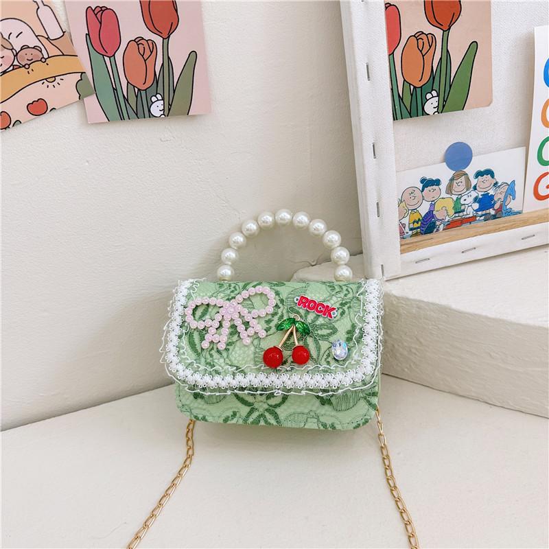 Stylish Lace Princess Mini Pearl Handheld Purse For Girls With Floral Patterns And Breathable Polyester