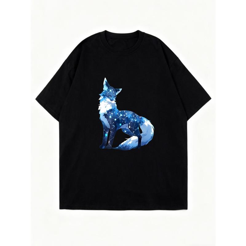 Oversized T Shirt Dress Black Cosmic Fox Print For Casual Wear