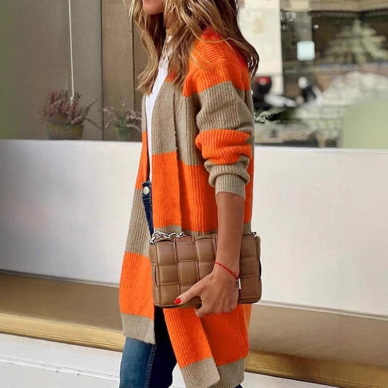 Neuer Herbst- und Winter-Strickcardigan für Damen mit kontrastfarbigen Streifen, lässig, mittellang, schulterfrei
