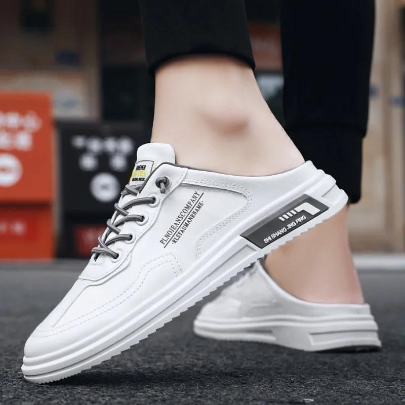 New Men's Shoes Fashion Baotou Half Dragging Lazy Shoes Versatile Breathable Casual Flat Shoes No Back Heel Cloth Shoes