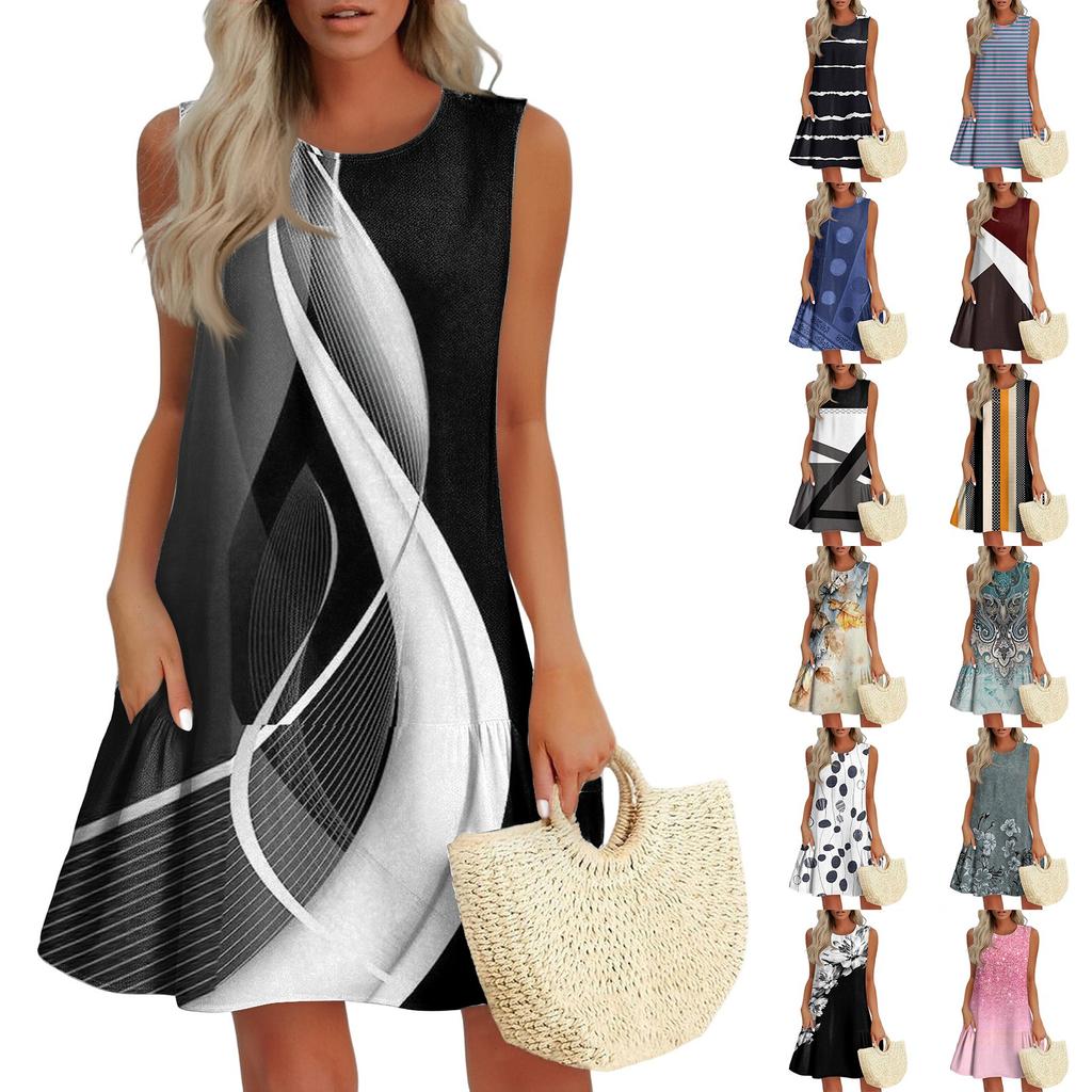 Women's Fashion Casual Sleeveless Round Neck Ruffle Vintage Printed Dresses