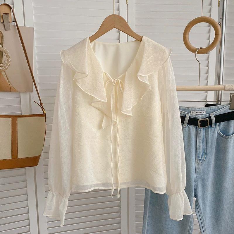 Casual Ruffles V-Neck Shirt Women All-Match Loose Bow Patchwork Blouse Ladies Spring Summer Long Sleeve Shirts