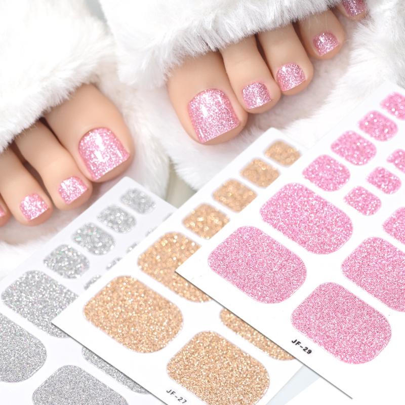 22Pcs/Sheet Toe Nail Sticker Wraps Baking Free Simple Solid Color Glitter Full Cover Toenail Polish Strips Waterproof
