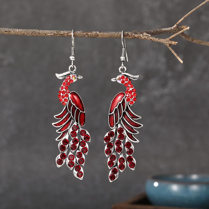 Blue Drop Oil Rhinestone Peacock Earrings for Women Ethnic Vintage Long Silver Color Geometric Animal Earrings Boho Jewelry Gift
