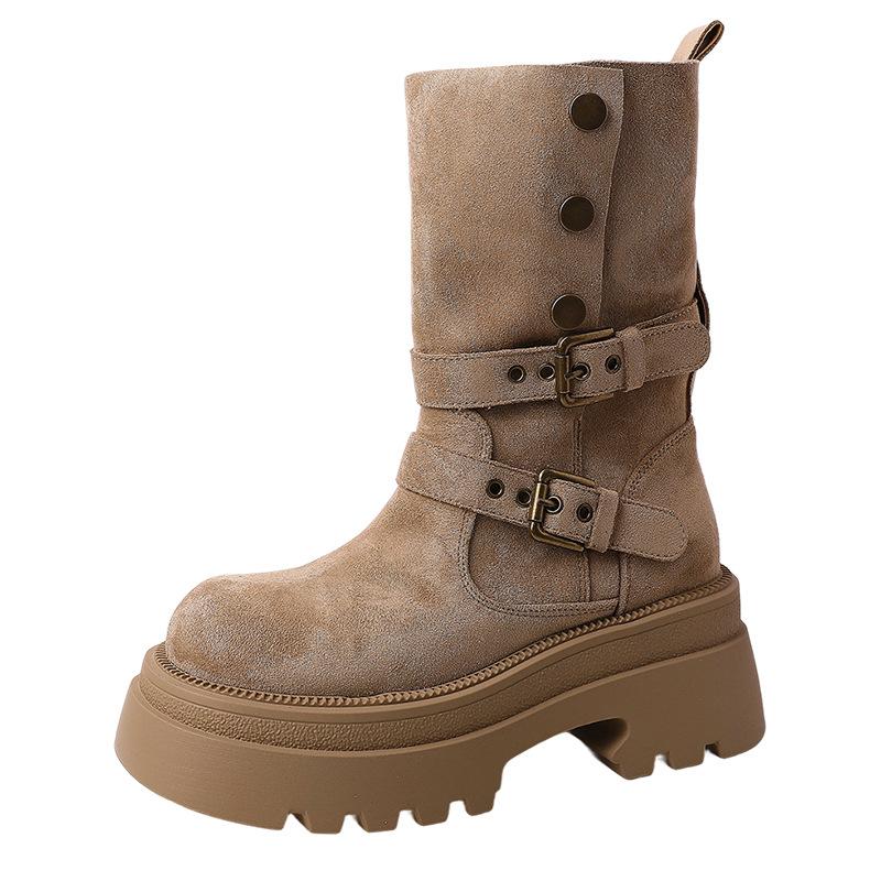 Vintage Maillard Boots Women's Autumn and Winter Design Sense Thick-soled Versatile Two Wear Belt Buckle Medium Boots Martin Boots Short Boots
