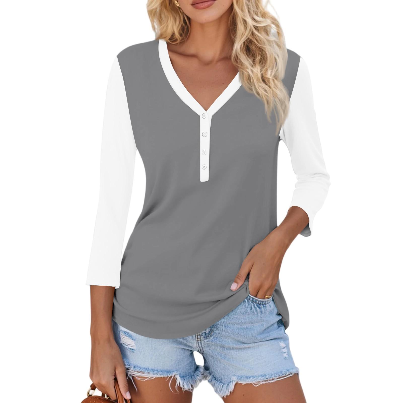 

Женский повседневный модный сексуальный удобный топ с V-образным вырезом, пуговицами, цветной строчкой и рукавом три четверти M