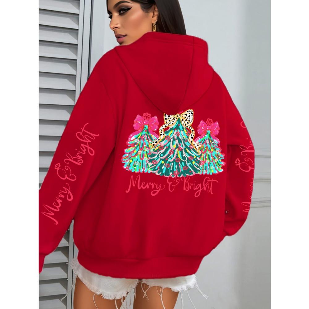 Merry Christmas Colorful Trees Printing Women Hoodies Loose Casual Hoody Autumn Y2K Pocket Streetwear All-Match Clothes