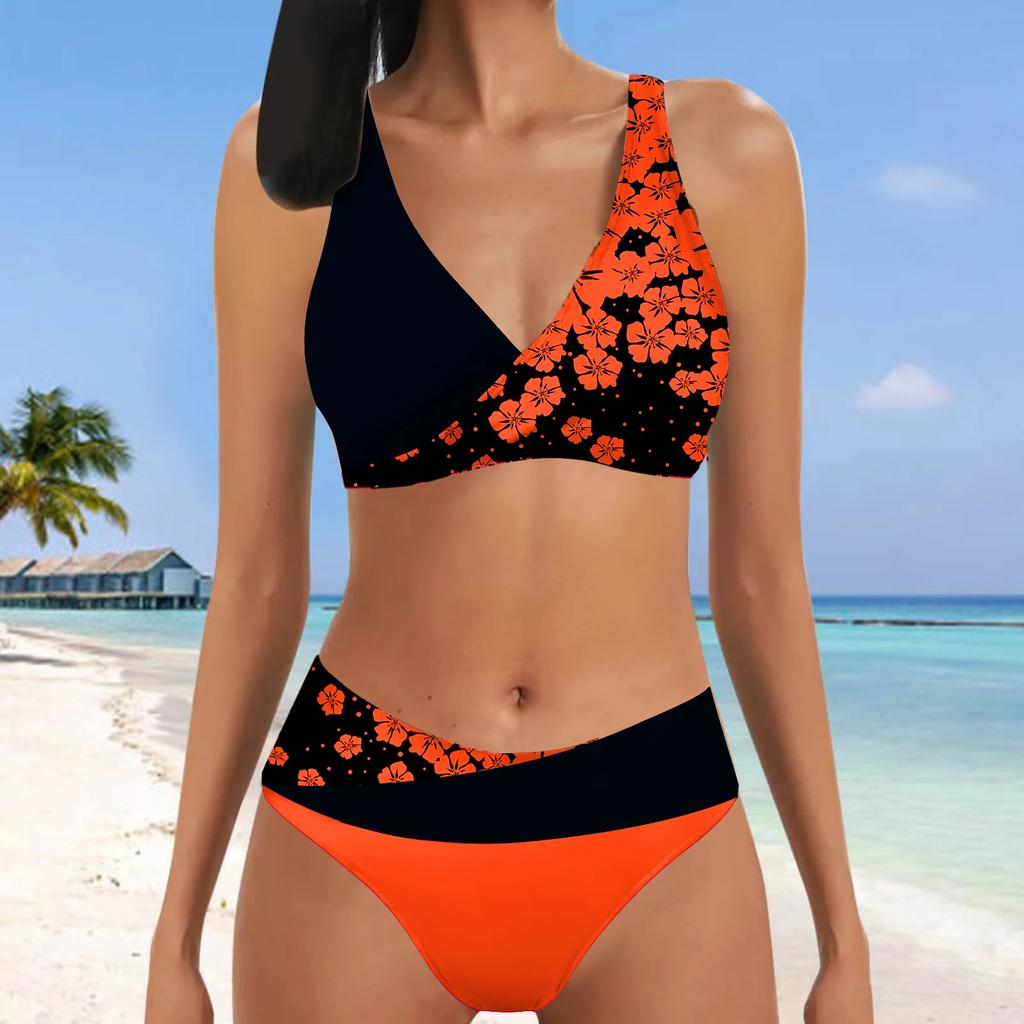 New High Quality Summer Ladies Double Straps Swimsuit Ladies Fashion Plum Print Vacation Beach Two-piece Swimsuit S-5XL