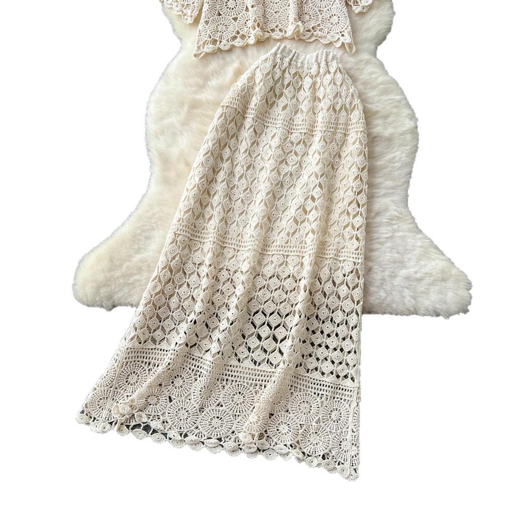 French Style Elegant Women's Lace Top & High-Waisted Skirt Set