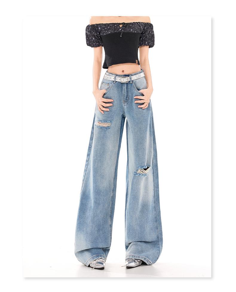 Women's American Retro Ripped Wide-Leg Jeans - 2026 Spring/Summer Collection, Versatile Slimming Design.