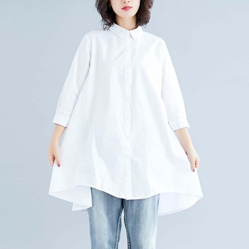 Summer Literary Plus Size Loose Solid Color Lapel Seven Quarter Sleeve Shirt for Women's Mid To Long Length Blouses & Shirts