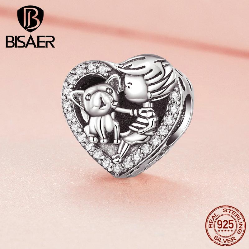 

BISAER стерлингового серебра 925 пробы с кубическим цирконием в форме сердца для мальчиков и домашних бусинок, подходит для оригинального браслета, ожерелья, ювелирного изделия, подарка 925 Silver