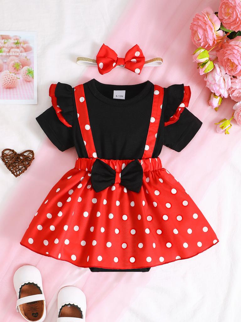 Summer 0-1 Years Old Infant Baby Girls Short-sleeved Dot Print Dress Casual 2-Piece Set With Hairband