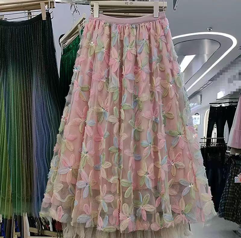 Women's French Romantic A-Line Mesh Skirt with 3D Flowers - Elastic Waist, Stunning Summer Design