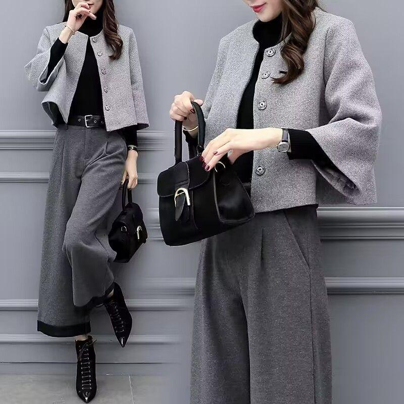 2025 Women's Plus Size Woolen Two-Piece Suit: Short Coat & Wide Leg Pants for Autumn/Winter Fashion.