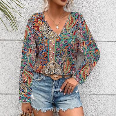 V-Ausschnitt 3D Ethno-Stil Bedrucktes Oberteil Modische Lässige Langarm Damen T-Shirts