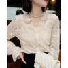 Elegant V-Neck Lace Blouse with Pearl Buttons