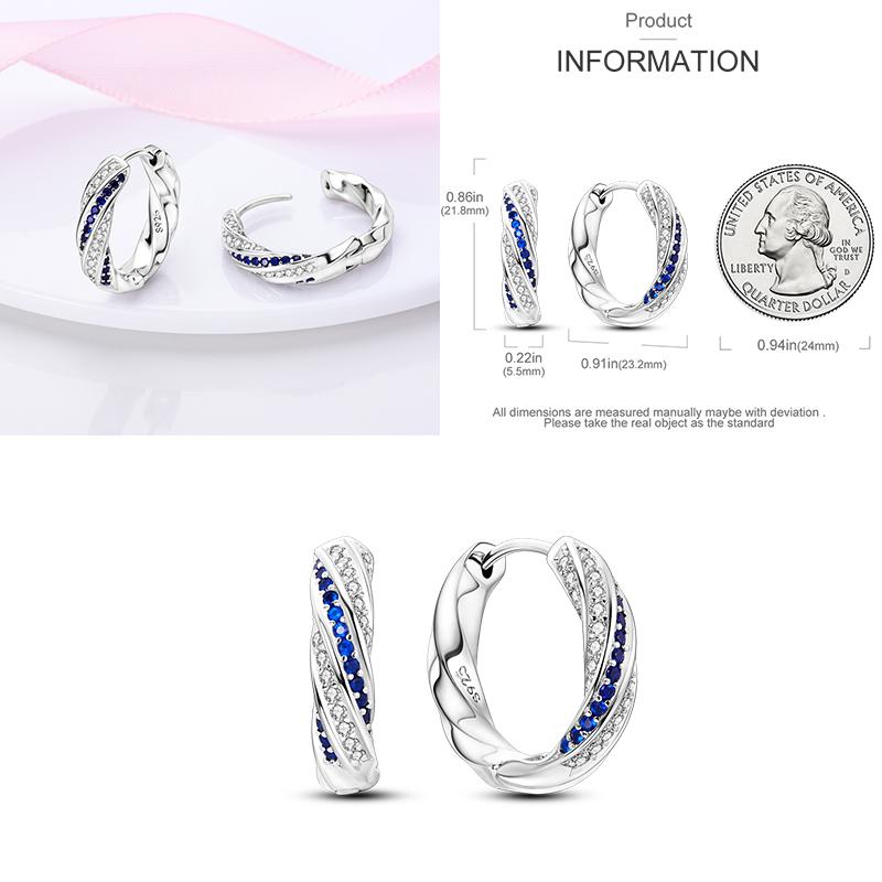 Sparkling Blue Zircon Hoop Earrings Pave U Shape Star Devil Eyes Circle S925 Drop Earring Fit Original Party Jewelry